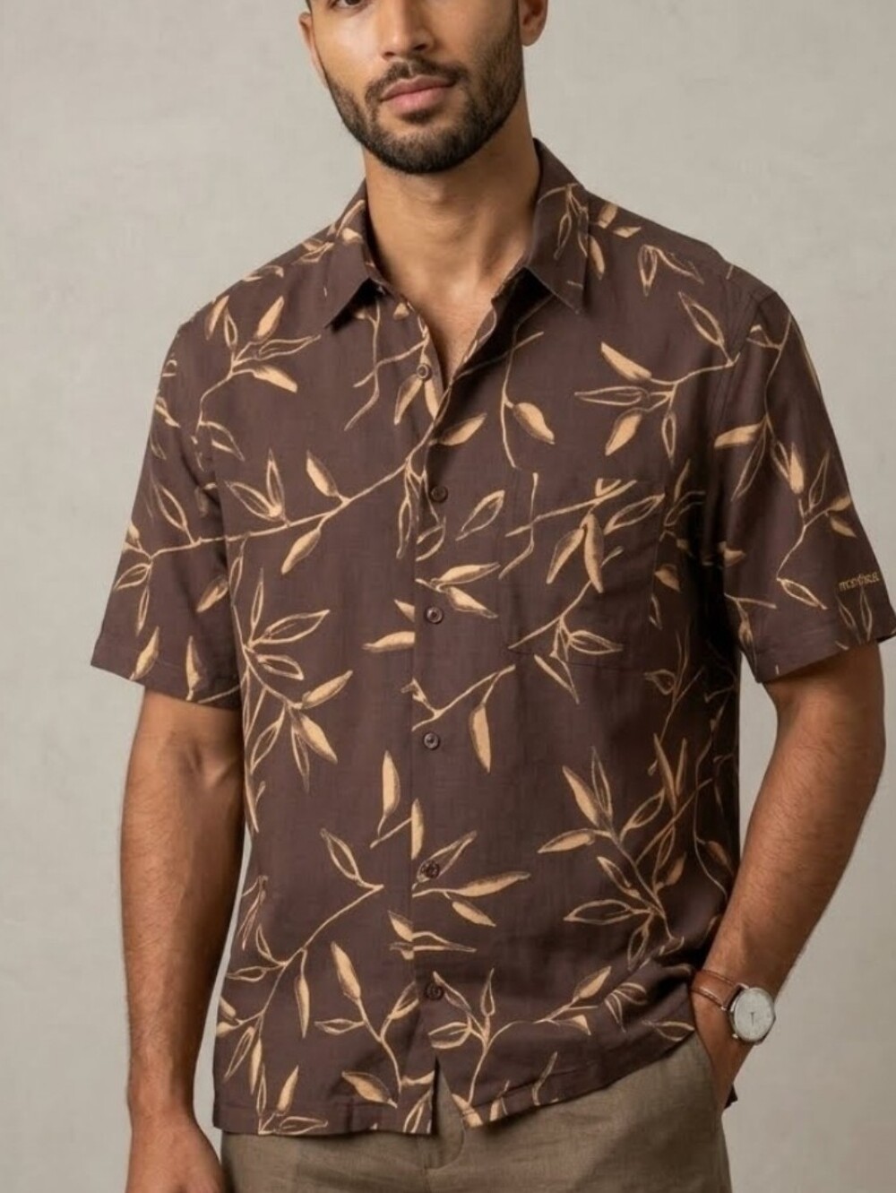 Bobby Chan Men L 100%Silk Brown BambooLeaf Print Shrtslv ButtonUp Shirt Montreux
